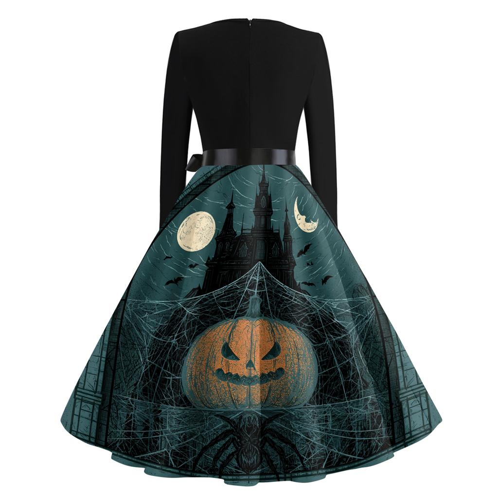 Women's Casual V-Neck Long Sleeve Dress with Halloween Print Retro