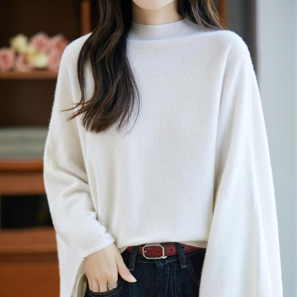 Women's Pure Wool Sweater - Bell Sleeves, Loose Fit, Half-High Neck, Trendy Autumn/Winter Knitwear