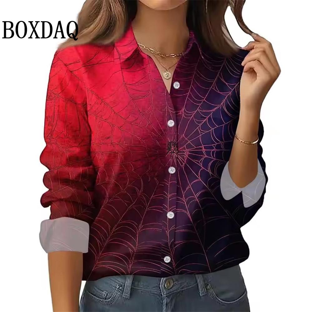 Neues 2025 Damen 3D-Druck Fledermaus Spinnennetz Langarmshirt Mode Halloween Party Lässig Täglich Revers Damen Langarmshirts