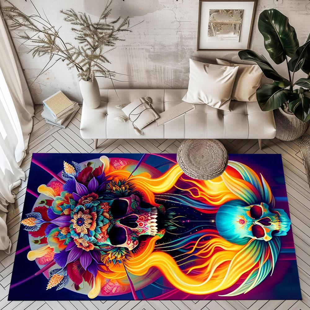 Eerie Skull In Flames Floor Mats for Living Room, Bedroom and Room Decoration Are Suitable for Gifts.
