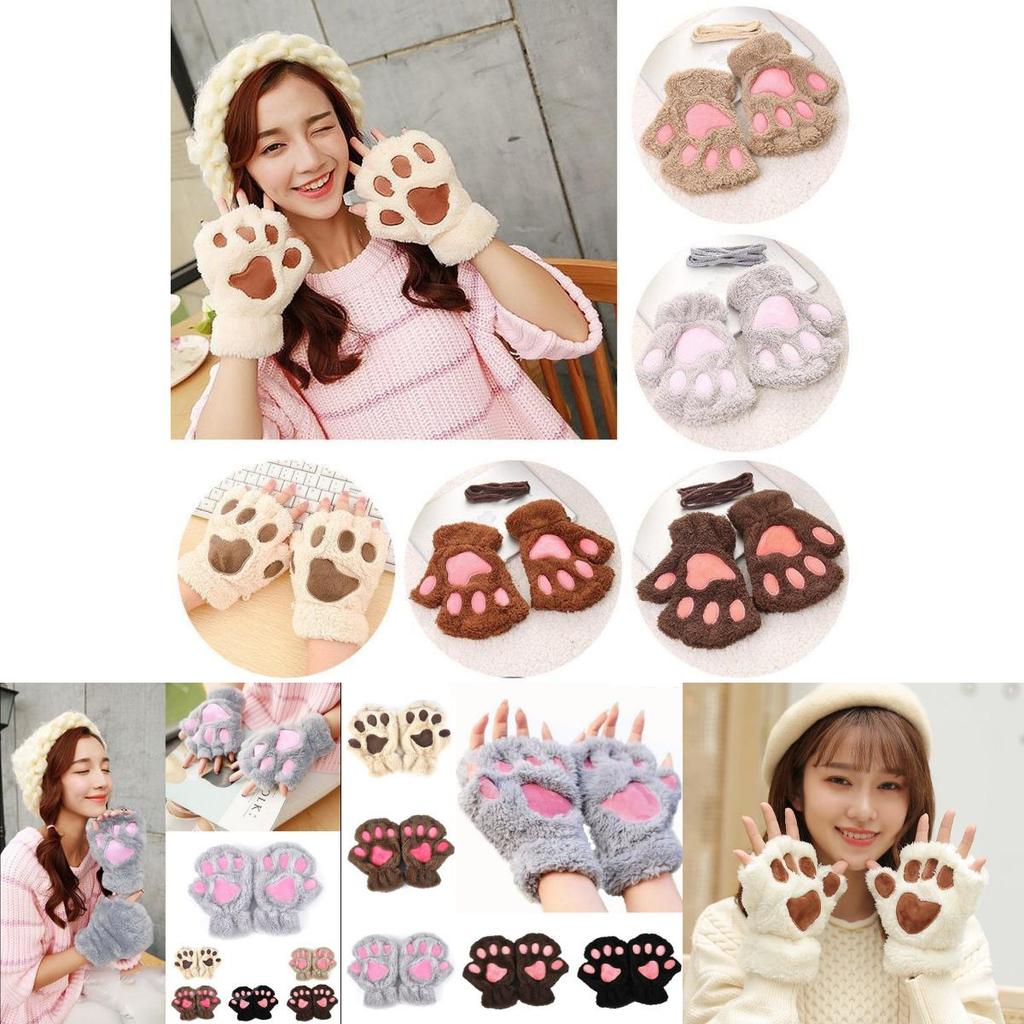 Cute Cat Paw Gloves Winter Warm Touchscreen Half Finger Mittens For Girls