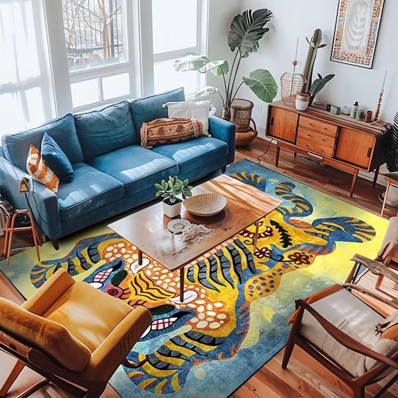 Retro Nordic Style Living Room Carpet Large Area Leopard Print Bedroom Rugs Machine Washable Foldable Non-slip Coffee Table Mats