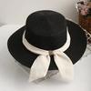 Straw Hat Lightweight Breathable Flat Top Wide Brim Sun Protection Hat Metal Buckle Ribbon Decorated Hat Summer Beach Hat