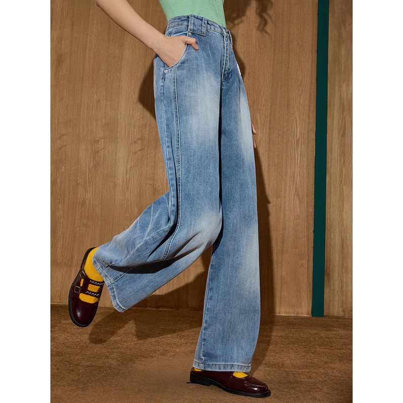 Coolhut American Retro Washed High-Waisted Wide-Leg Vintage Sickle Pants Faded Distressed Women's Jeans