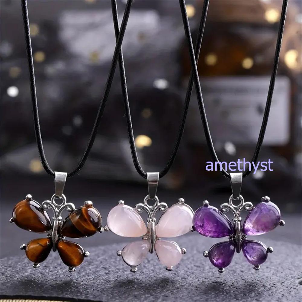 Schmetterlingsanhänger, Amethyst, Tigerauge-Stein, Europäische und Amerikanische Retro-Halskette, Personalisierte Kleidung Accessoires