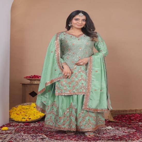 Pastel Mint Green Embroidered Sharara Suit Set with Dupatta S