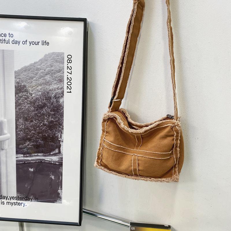 2024 Japanese Ins Canvas Retro Women's Shoulder Bag with Frayed Edges