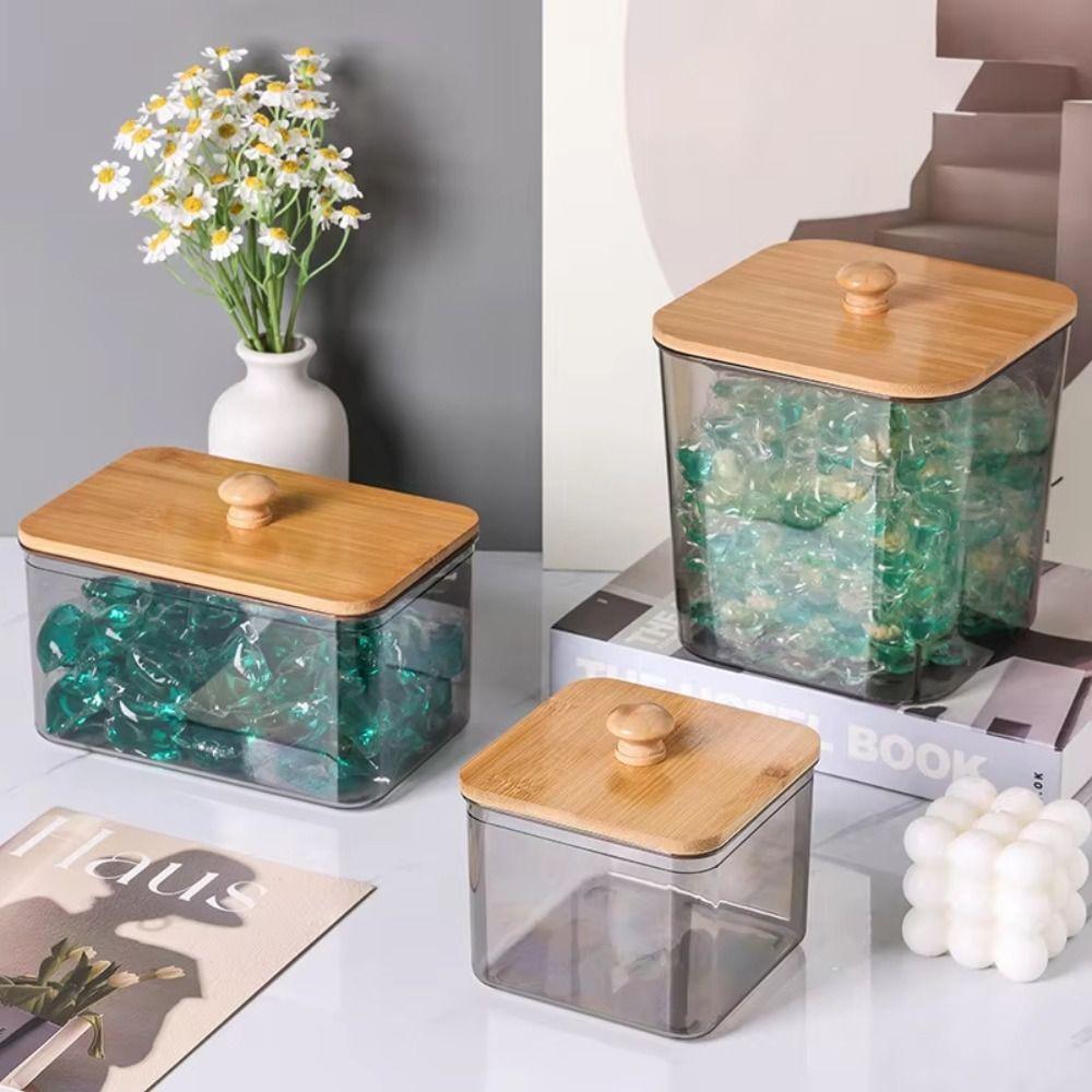 Transparent Laundry Powder Storage Box with Bamboo Lid Multifunctional Cotton Swab Holder Acrylic Dryer Sheet Holder Container