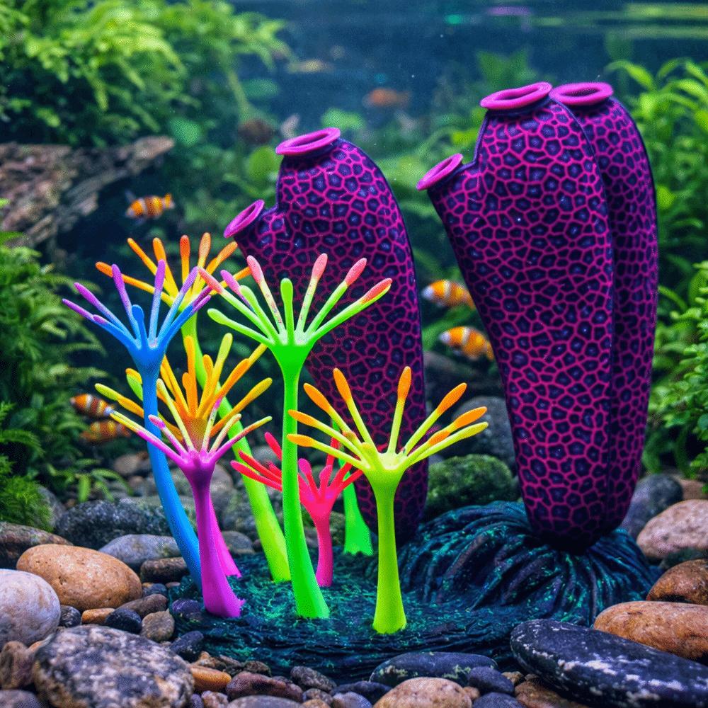 Simulation Thumb Coral Ornament Colorful Fluorescence Glowing Coral Artificial Plants Silicone Coral Reef Plants Aquarium