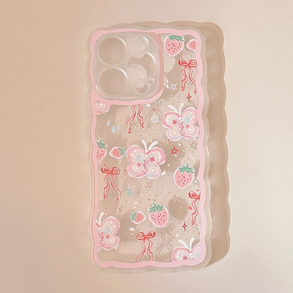 Pink Strawberry Butterfly for IPhone16 Apple 13 Mobile Phone Case 11 Transparent 15promax All Inclusive 14 Sweet