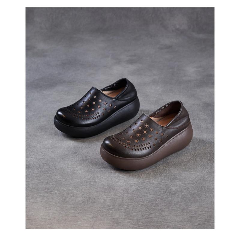 Johnature Echtes Leder Ausgeschnittene Keilsandalen mit dicker Sohle Bequeme und atmungsaktive Damen-Schlupfschuhe