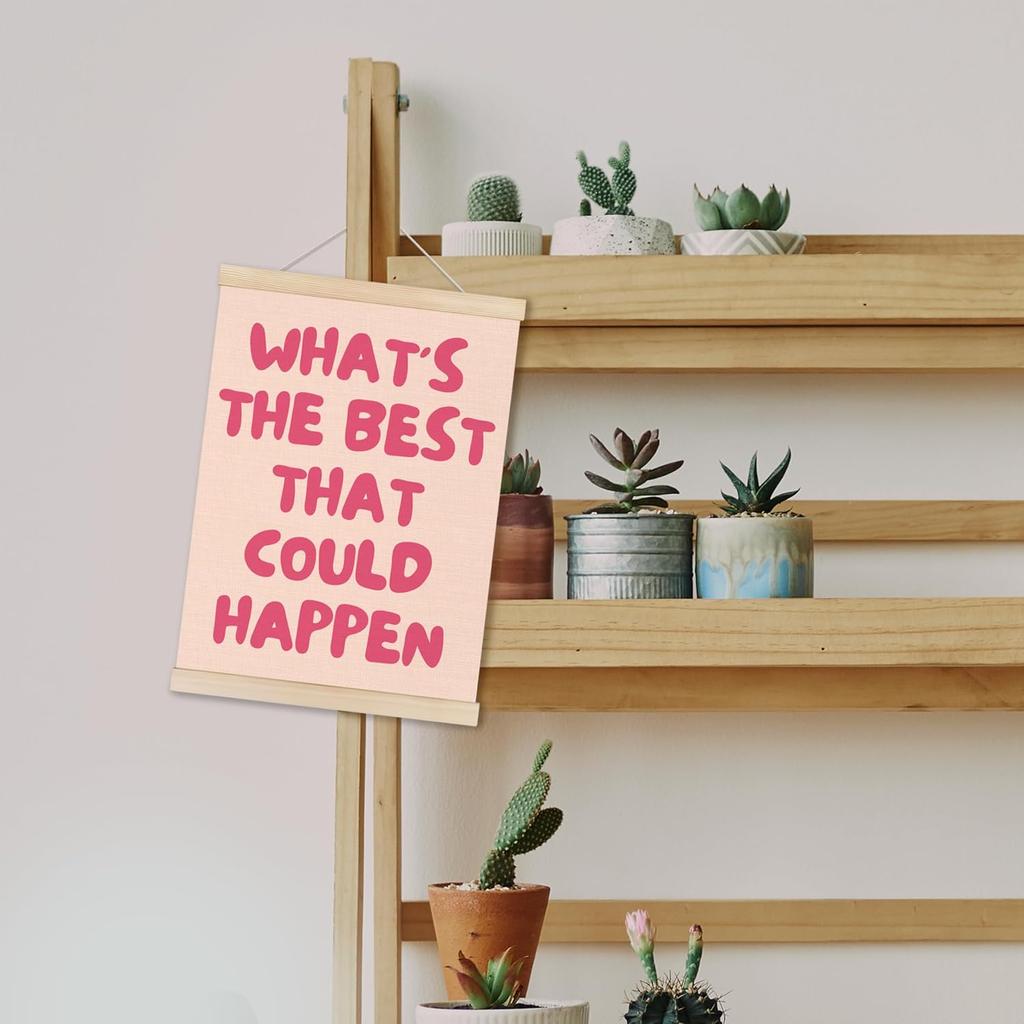 HUGANE What's the Best That Could Happen Wall Art Poster Hanger Frame, Trendy Pink pirational Quote Canvas Pictures Prints Hanging Wall Decor for