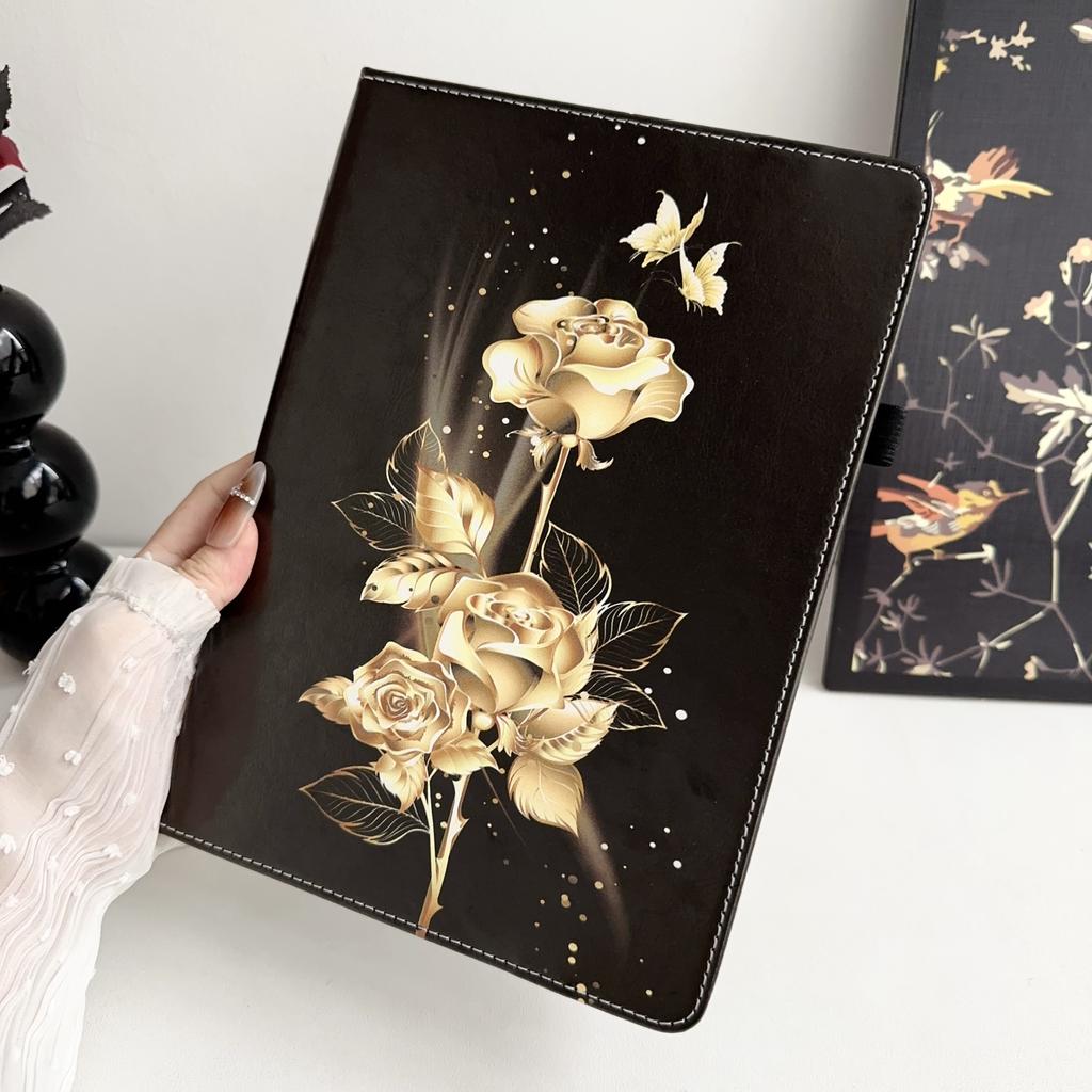 Zlatý motýl růžový vzor vyklápěcí peněženka PU kůže pouzdro na tablety pro Samsung Tab A 10.1/Tab A 8.0/Tab S6 Lite/Tab S7/Tab S8/S9/Tab A7/A8/A9..