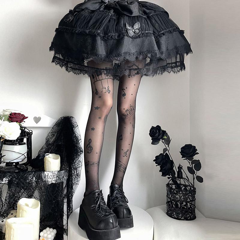 2025 New Sweet Music Notes Pantyhosen Sheer Black Tights for Women Thin Stretchy Stockings Cute Leggings Trendy Fashion Hosiery