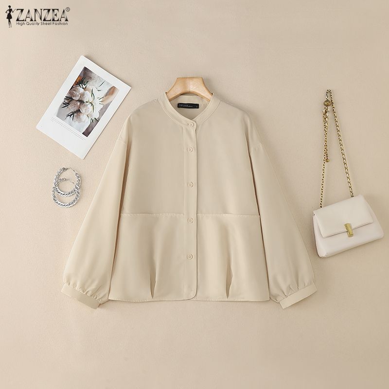 ZANZEA Bluză lejeră cu mânecă lungă, cu guler în picioare, pentru femei