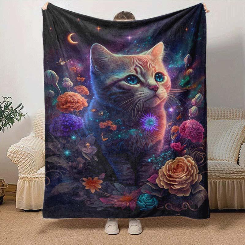 1pc Flower Cat Printing Lightweight Flannel Blanket, Comfortable and Warm Blanket,  Sofa Bed and Couch Office, Suitable for Gift Blankets