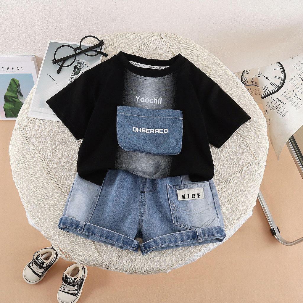 Boys' 2026 Trendy Summer Letter Patch Two-Piece Outfit