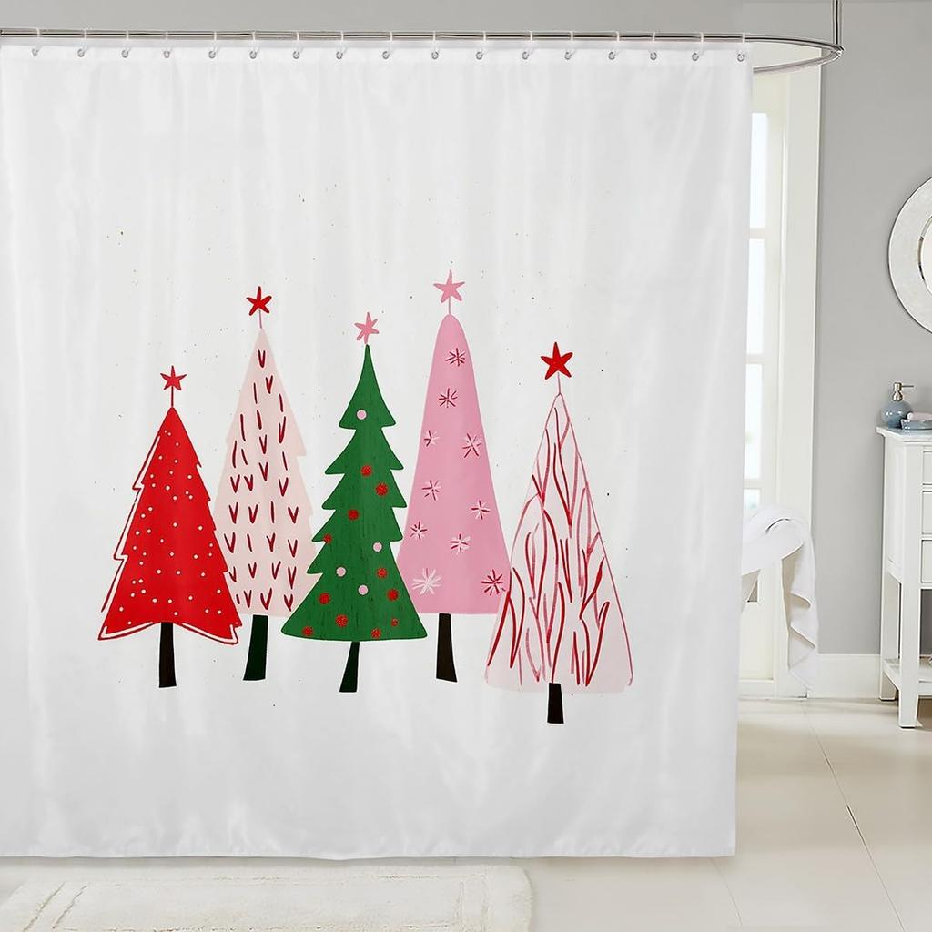 Christmas Cat Shower Curtain Cute Pet Cat Animal Bathroom Shower Curtain Sets, Xmas Decor Christmas Hat Fabric Shower Curtain