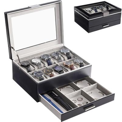 Watch Holds 10 Large Capacity with Display Watch Box with Glass Jewelry Watch Perfect Gift for Anniversary Case, Watches, 2-Tier, Drawers,