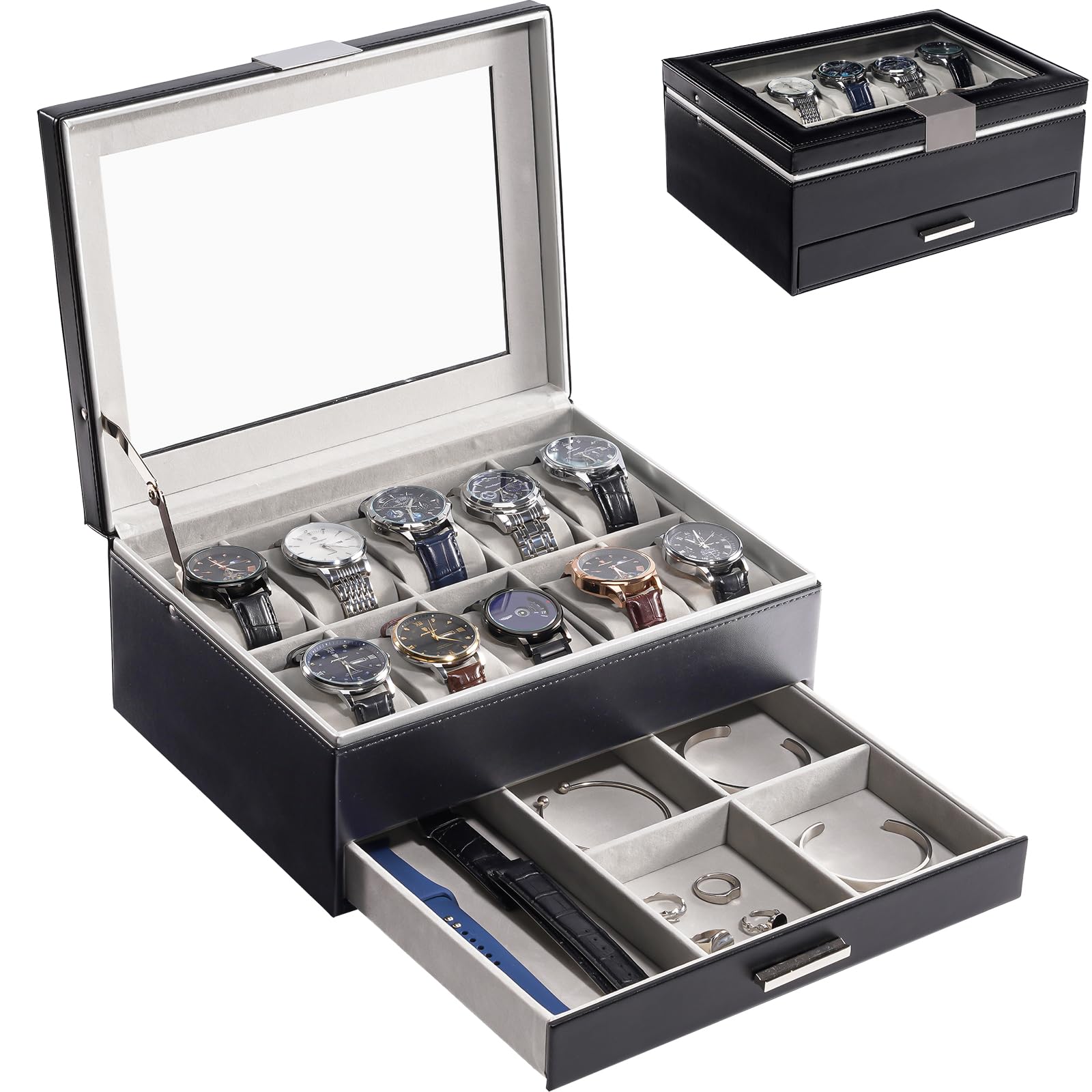 ProCase Часы Вмещает 10 Большая Вместимость с Дисплеем Коробка для Часов из Стекла Ювелирные Часы Идеальный Подарок на Юбилей Кейс, Часы, 2-ярусный, Ящики, чёрный