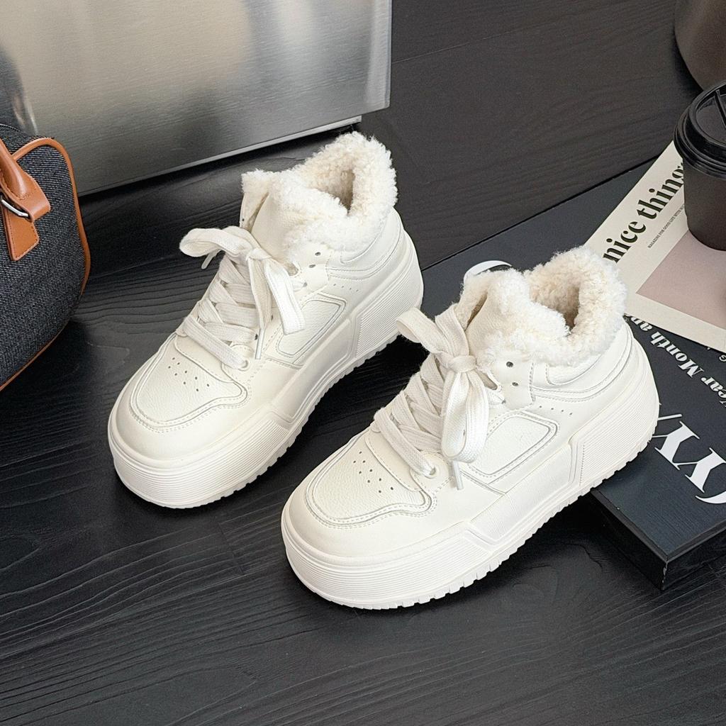 Leather high-top little white shoes women's new versatile winter velvet thickened snow boots thick-soled warm large cotton shoes