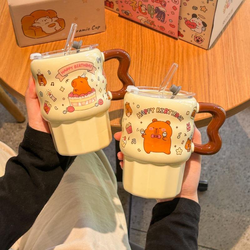 Roztomilý keramický hrnek se slámkou kapybara roztomilý dívčí hrnek na kávu praktický hrnek pro přítelkyni dárek k narozeninám