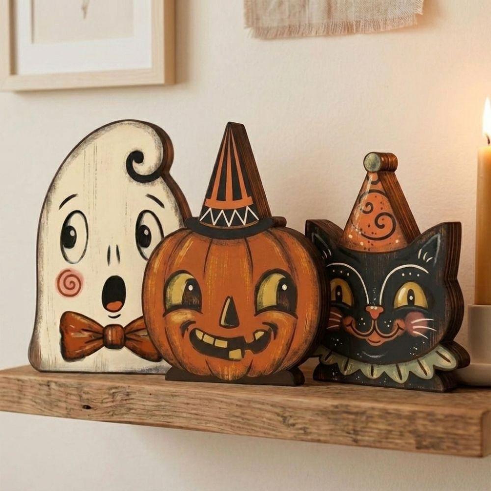 Farmhouse Style Halloween Wooden Tabletop Sign Vintage Bat Black Cat Figurines Holiday Party