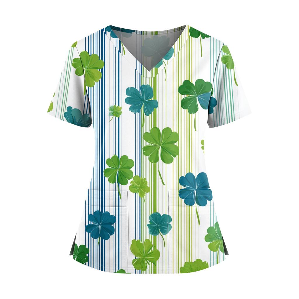 Frauen St. St. Patrick's Day Druck V-Ausschnitt Doppeltasche Kurzarm Uniform Oberteil mit geschlitztem Saum