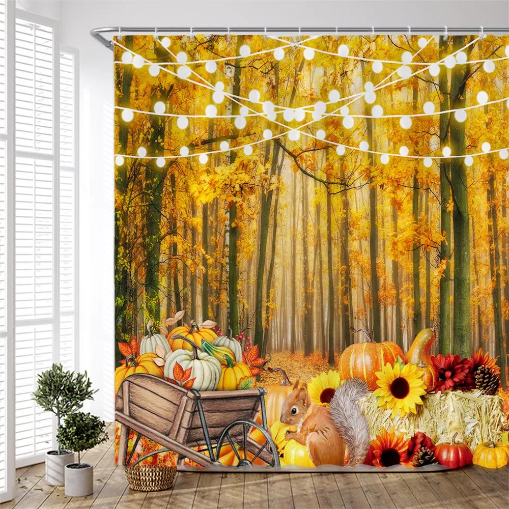 Fall Shower Curtain Set Autumn Forest Landscape Maple Leaves Fabric Decor Bath Curtain Thanksgiving Scenery Pumpkins Harvest
