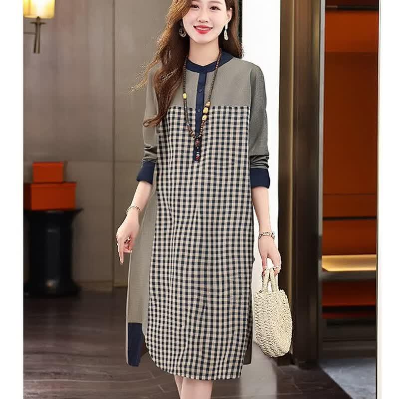 EST+II Women's Long Sleeve Plaid Patchwork Midi Casual Dress