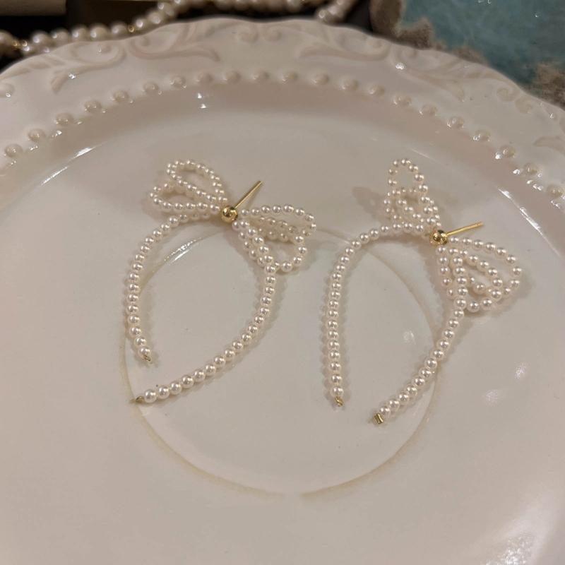 1 Pair Exaggerated All-Matched Earings Pearls Bowknot Ear Jewelry Niche Temperament Earrings for New Year Birthday Gift