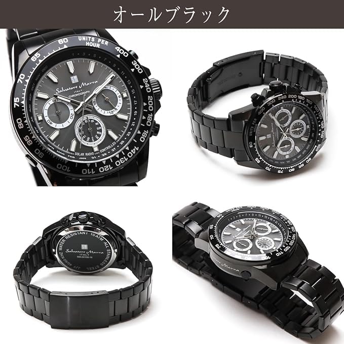 Salvatore Marra Men's Solar Chronograph Watch, Model SM24108, Tachymeter Bezel, All Black, Stainless Steel, 10 ATM