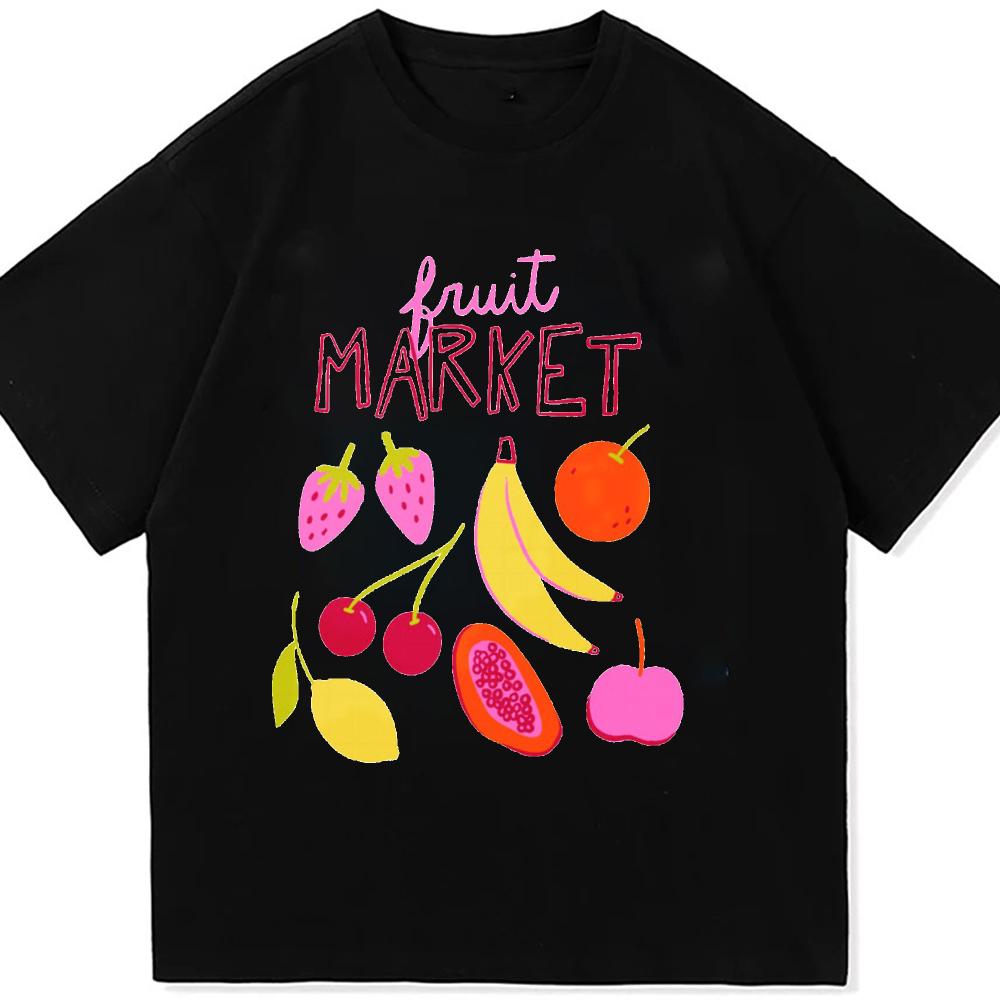 Fruit Market Graphic T Shirt Summer Vintage Fruit Print Short Sleeve Tees Casual Loose Fit Crew Neck Cotton Tops