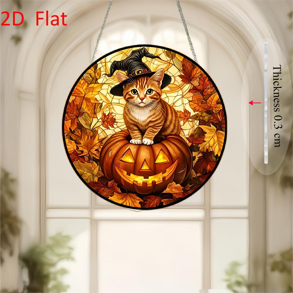 2D Flat Acrylic Halloween Pumpkin Cat Sun Catcher, Animal Catcher Suitable For, Garden, Bar Party Halloween, Christmas, Etc. Wall Hanging