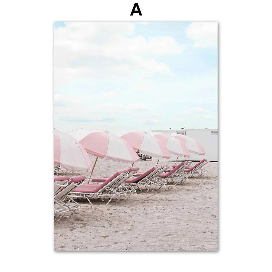 Nordic Pink Bus Beach Palm Surfboard Conch Canvas Painting Wall Art Posters and Prints Wall Pictures for Living Room Home Decor