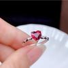 Open Ring Simple Rose Red Heart Shape Ring with Micro Inlaid Zircon and Pigeon Blood Red Gemstone