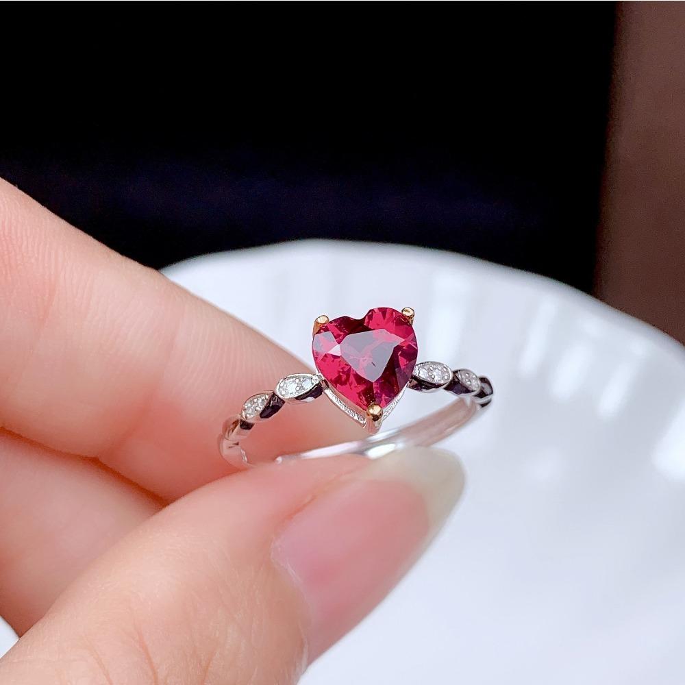 Open Ring Simple Rose Red Heart Shape Ring with Micro Inlaid Zircon and Pigeon Blood Red Gemstone