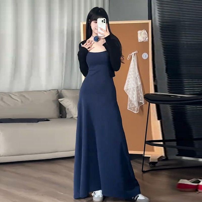 

Holiday style neck sling dress women s summer new retro loose outer wear A word big pendulum long skirt tide S тёмно-синий