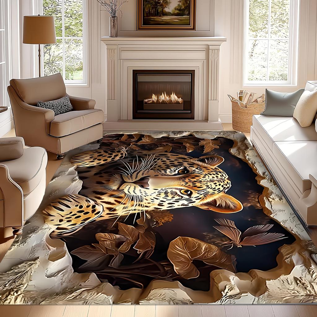 Vintage Leopard & Blatt Wandmuster Teppich, Retro Natur-inspiriertes Fußabtreter, Rutschfeste Waschbare Dekorationsmatte für Wohnzimmer Schlafzimmer