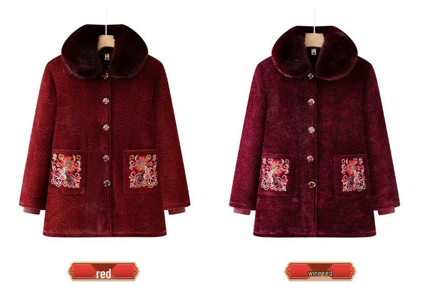 Winter Velvet-Lined Cotton Jacket with Fur Collar for Middle-Aged and Elderly Women – Embroidered Pockets