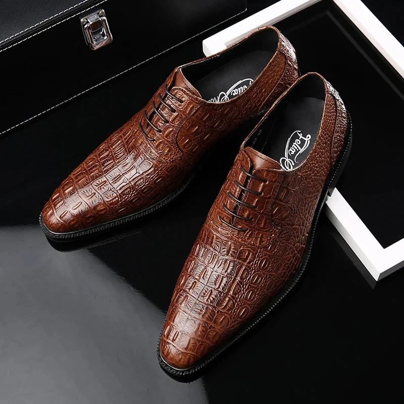 Fashion Men's Luxury Crocodile Pattern Genuine Leather Shoes Handmade Vintage Casual Custom Pointed Toe Oxford Dress Shoes