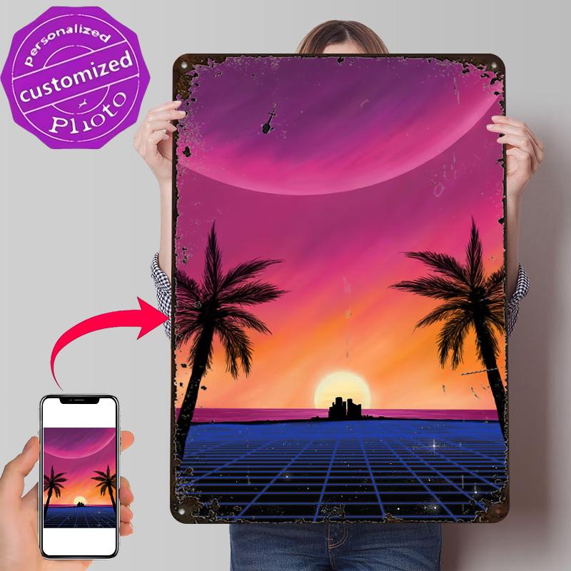 Retrowave Sun D Texture Printed Poster Custom Vintage Metal Tin Plate Sign for Wall Art House Home Decoration Aesthetic Decor