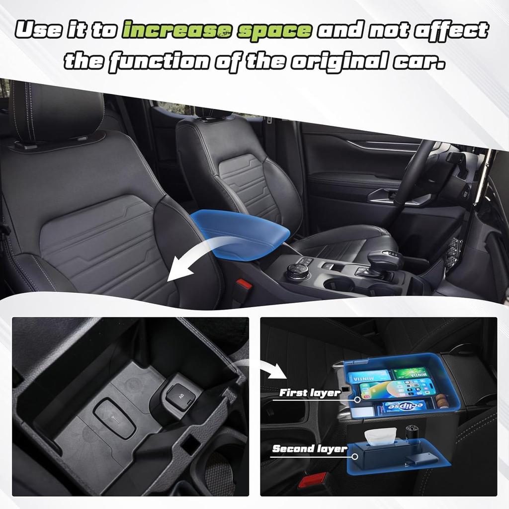 For 2025 Upgraded Ford Ranger Center Console Organizer,2024 2025 Ford Ranger Armrest Storage Box With 2 Color Mats,Ert Console Tray Ranger