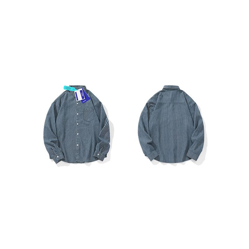 Wassup Trendy Washed Striped Denim Long-Sleeve Shirt for Men, Japanese Casual Retro Blue Shirt Jacket for Spring and Autumn
