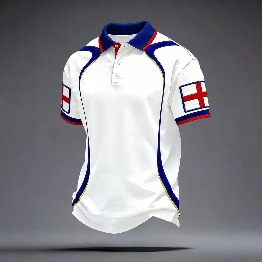 Men's Classic Polo Shirt Football Jersey England Style Short Sleeve Button Collar Lightweight Breathable Fabric Sportswear