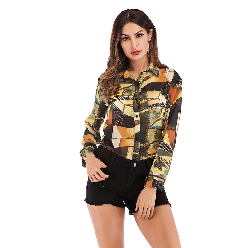 Fashionable and Casual Temperament Women's Retro Tops Printed Lapel Long Sleeve Chiffon Shirt Women