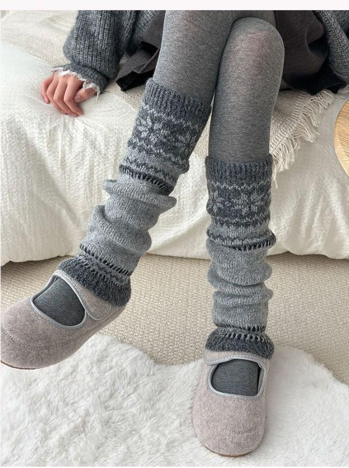

Шерстяные гетры Fair Isle со снежинками для женщин - Толстые, теплые, ретро-серые, универсальные, стройнящие, для сноубордических ботинок, идеально подходят для осени и зимы One Size серый