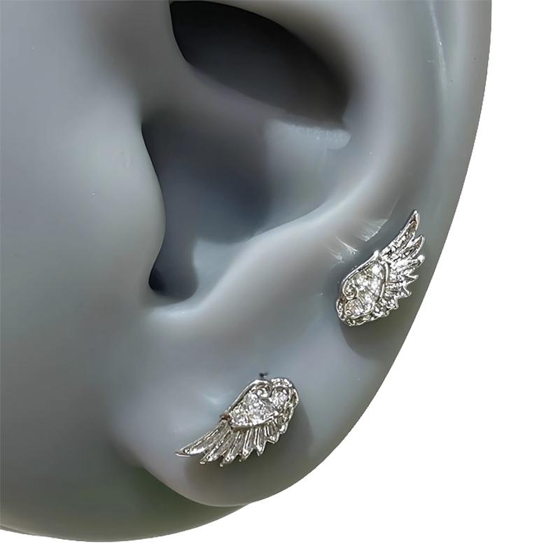 Modische Zirkon Flügel Ohrstecker für Damen Luxuriös Glänzend Kristall Kreativ Engelsflügel Kreuz Silberfarbe Ohrstecker Schmuck Geschenke gray