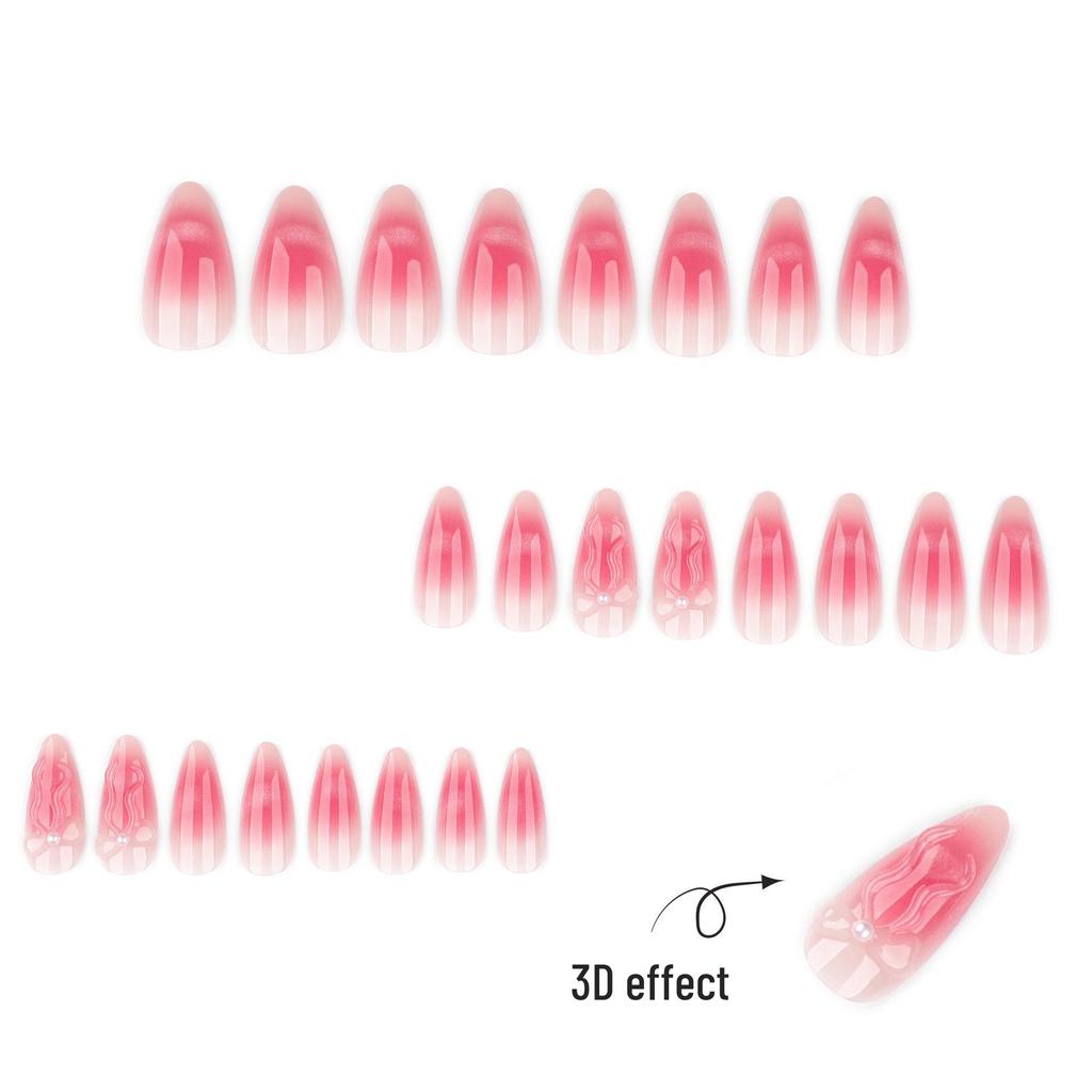 Fresh Natural Gradient Blush Nail Art with 3D Bow and Cat Eye Press-On False Nails