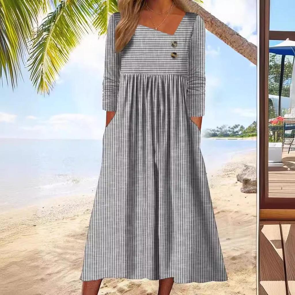 2023 Autumn Casual Loose Striped Long Sleeve Dress